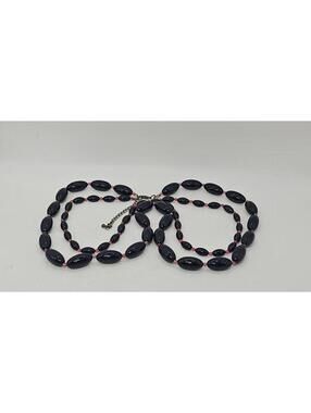 Ventage 90s Black Oval Beaded Double Stranded Necklace with Pink Accents